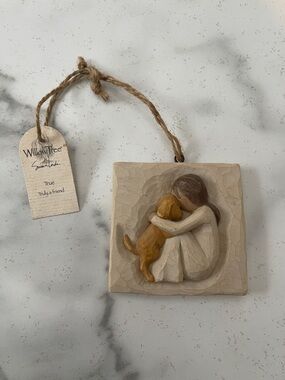Willow Tree Beige Plaque Girl Hugging Brown Dog